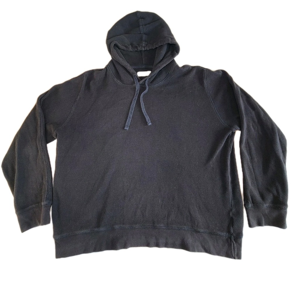 EVERLANE Hoodie Sweater Mens XL Black Waffle Knit Stretch Thermal Pullover